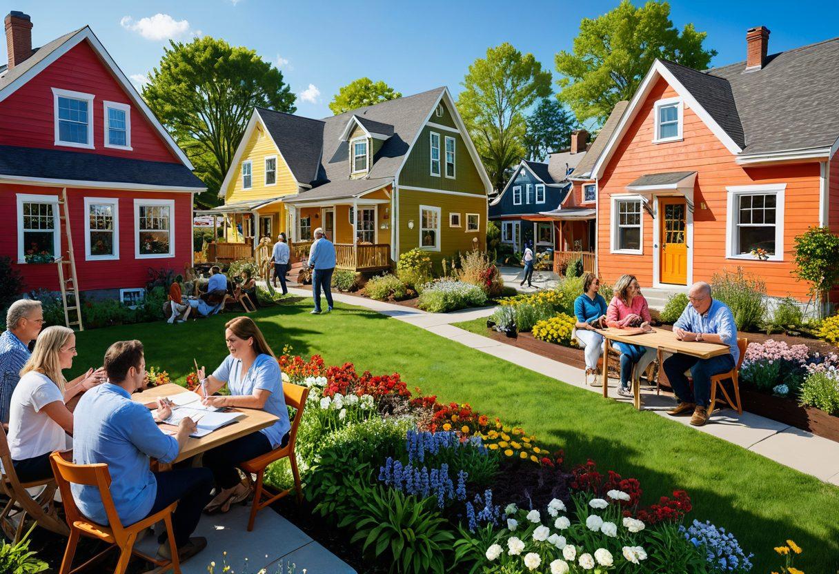 A vibrant community scene featuring diverse neighbors collaborating on local bids, surrounded by colorful homes and flourishing gardens. Several people are joyfully exchanging ideas and planning together, with visual elements like charts and proposals floating around them. Include a sunny sky to emphasize positivity and connection. super-realistic. vibrant colors. 3D.