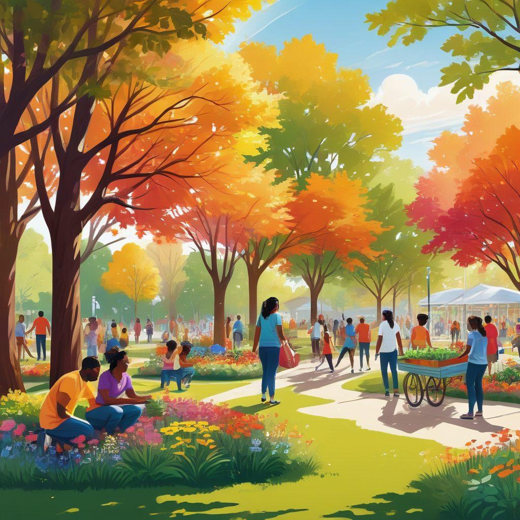 An illustrated scene of a diverse group of people gathered together in a community park, collaborating on various local projects like gardening, art installation, and food drives. Include banners with messages of support, smiling faces, and children playing nearby, symbolizing unity and engagement. The background features colorful trees and a bright sun. vibrant colors. vector art.